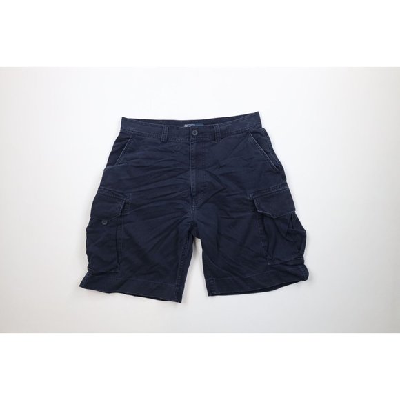 Vintage 90s Ralph Lauren Mens 34 Faded Spell Out Cargo Shorts Navy Blue Cotton - Picture 1 of 11
